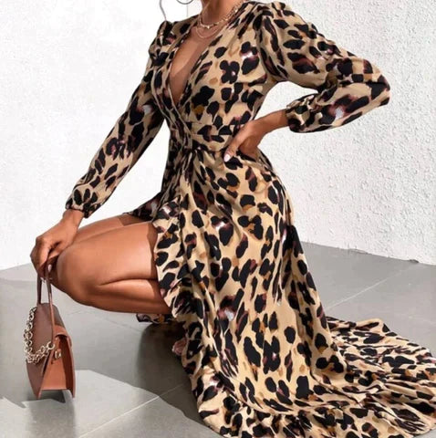 Nela | Jurk met V hals en Luipaard print
