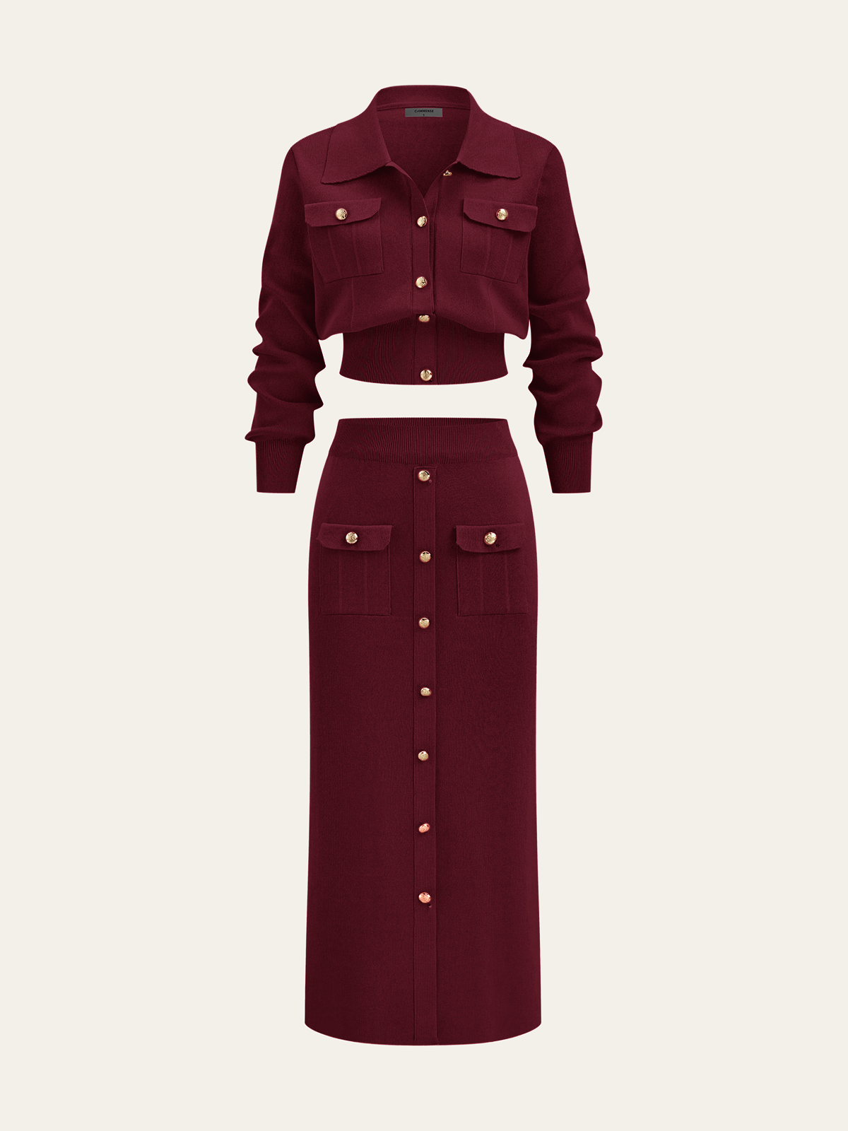 knit set met cropped jacket en midi-rok met gouden knopen – luxe dameskleding Vanista
