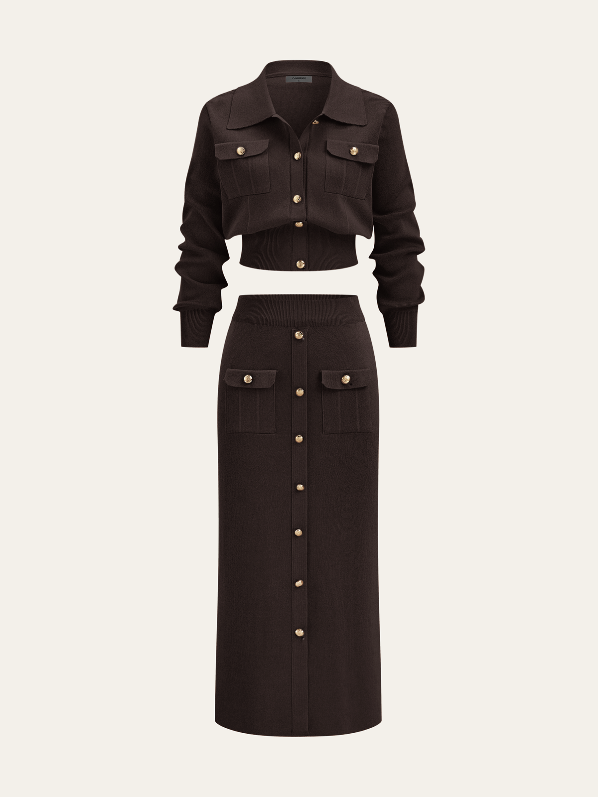 knit set met cropped jacket en midi-rok met gouden knopen – luxe dameskleding Vanista