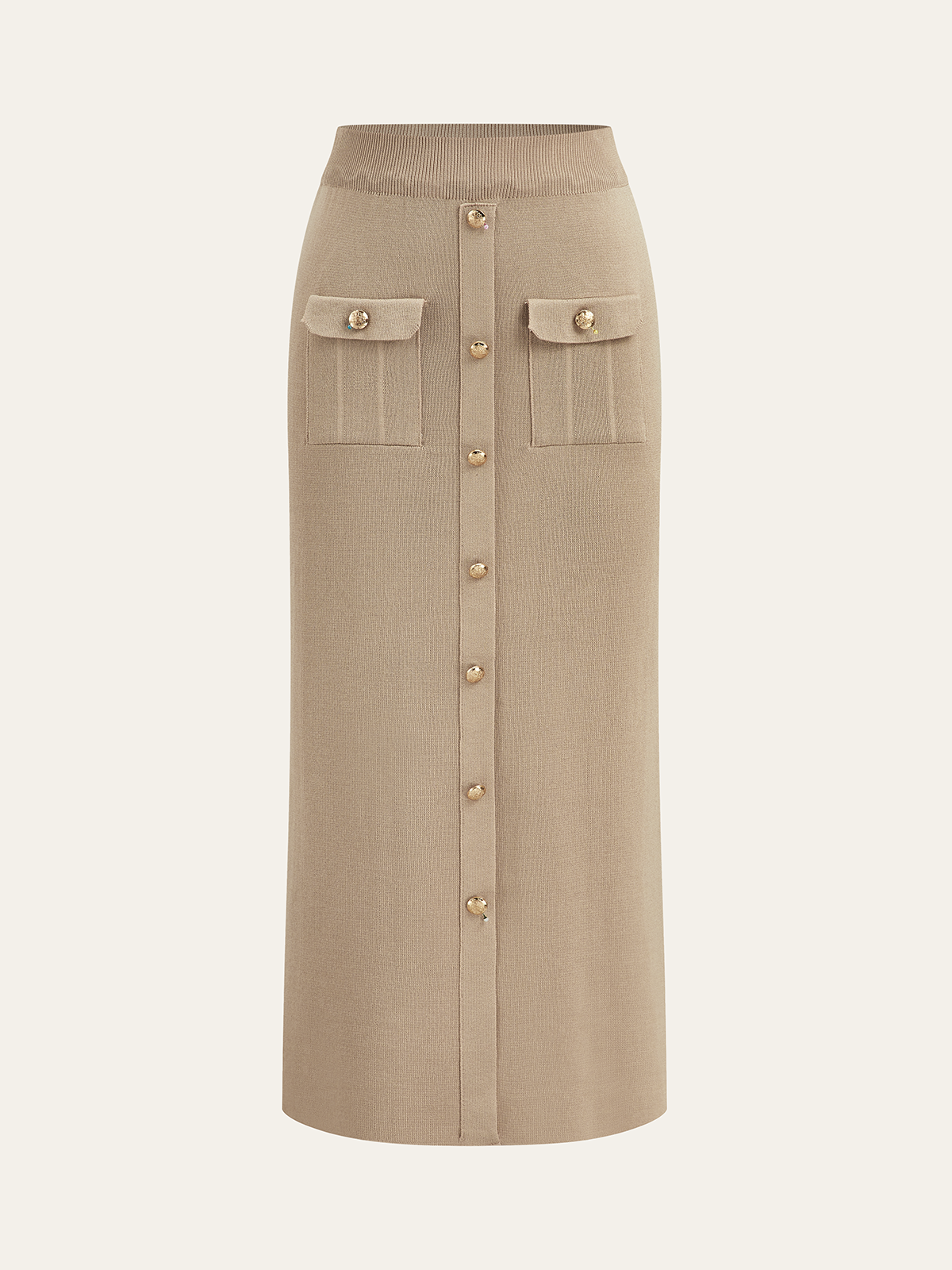 knit set met cropped jacket en midi-rok met gouden knopen – luxe dameskleding Vanista