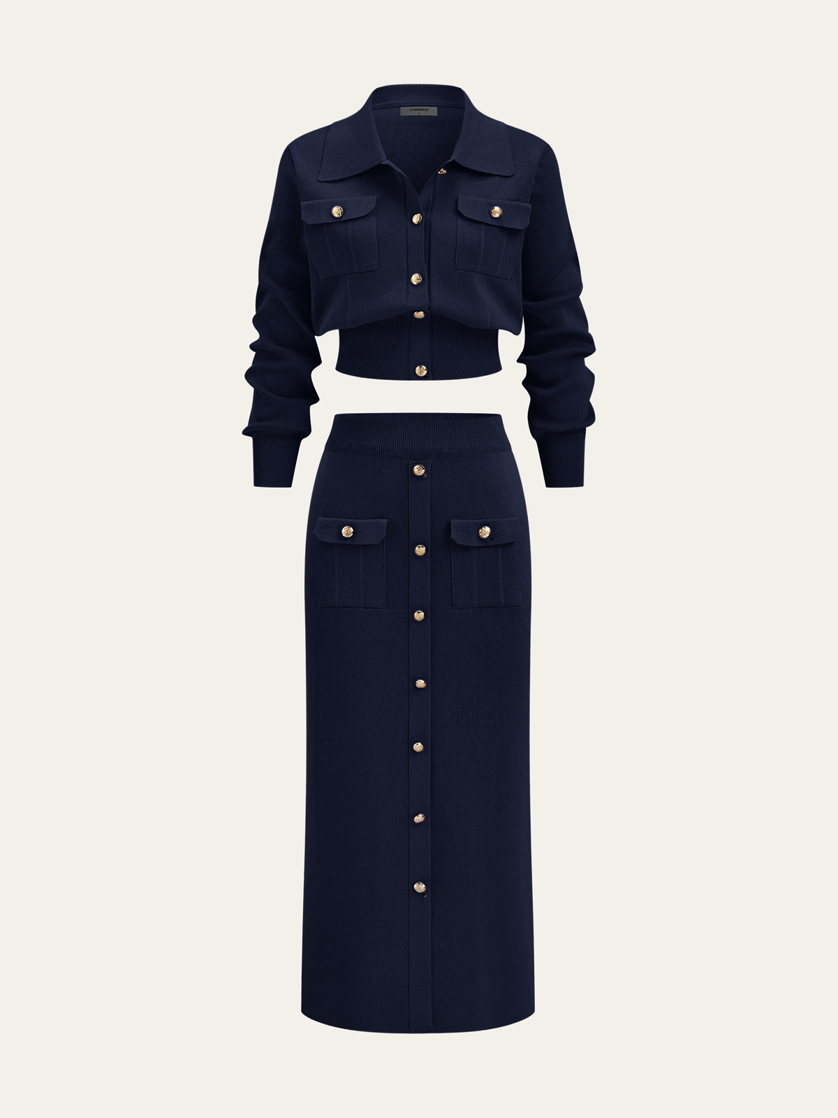 knit set met cropped jacket en midi-rok met gouden knopen – luxe dameskleding Vanista