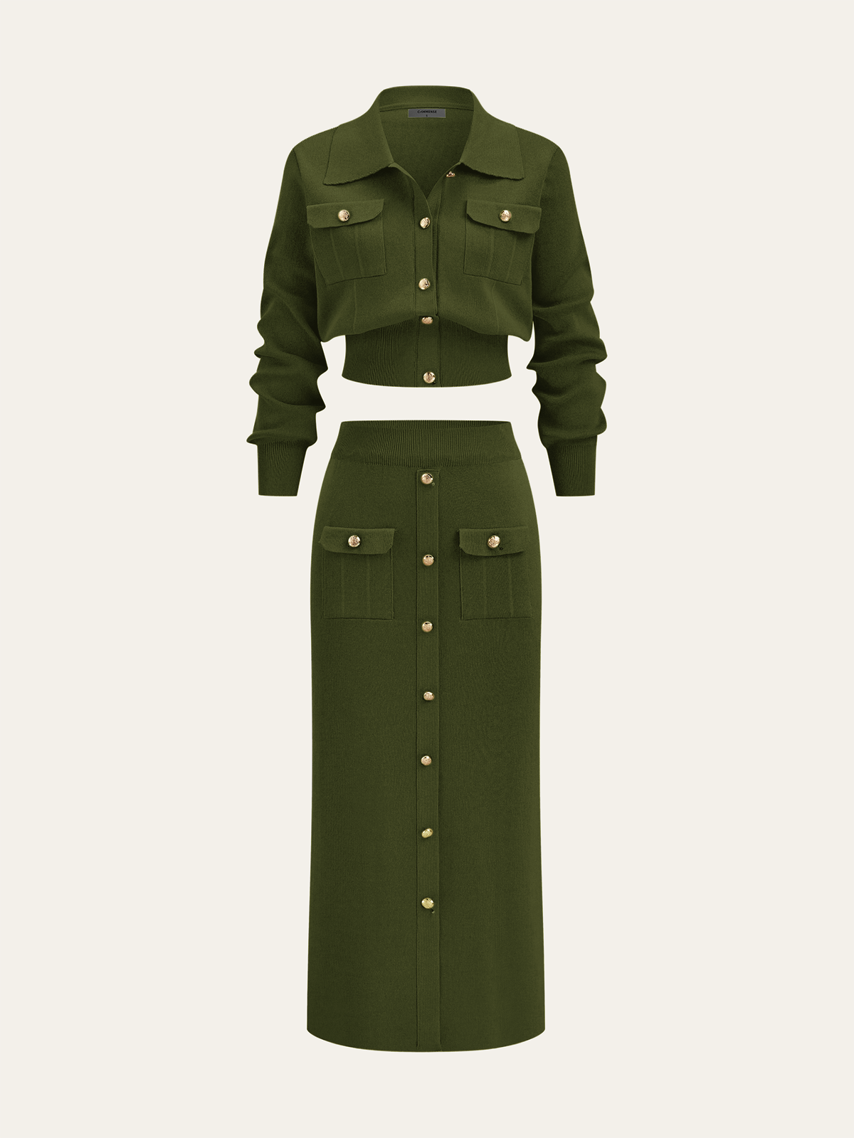 knit set met cropped jacket en midi-rok met gouden knopen – luxe dameskleding Vanista