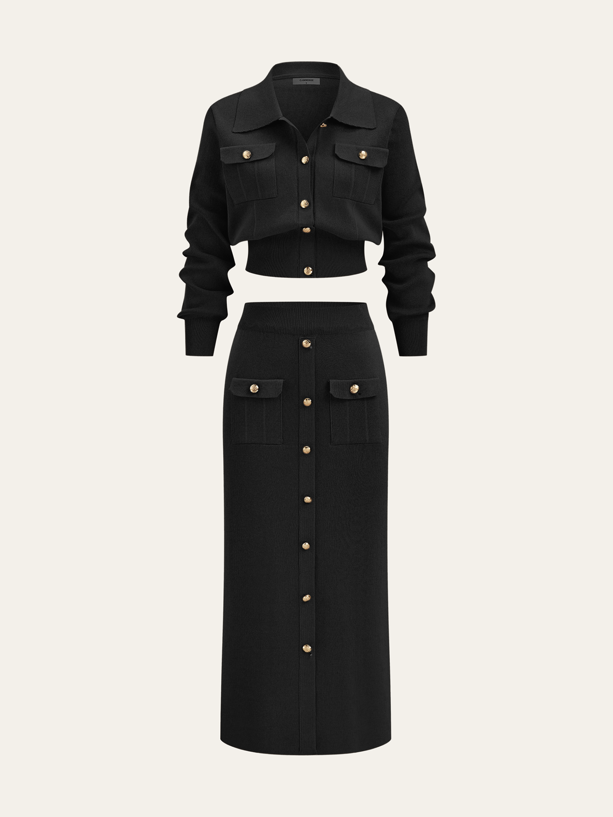 knit set met cropped jacket en midi-rok met gouden knopen – luxe dameskleding Vanista