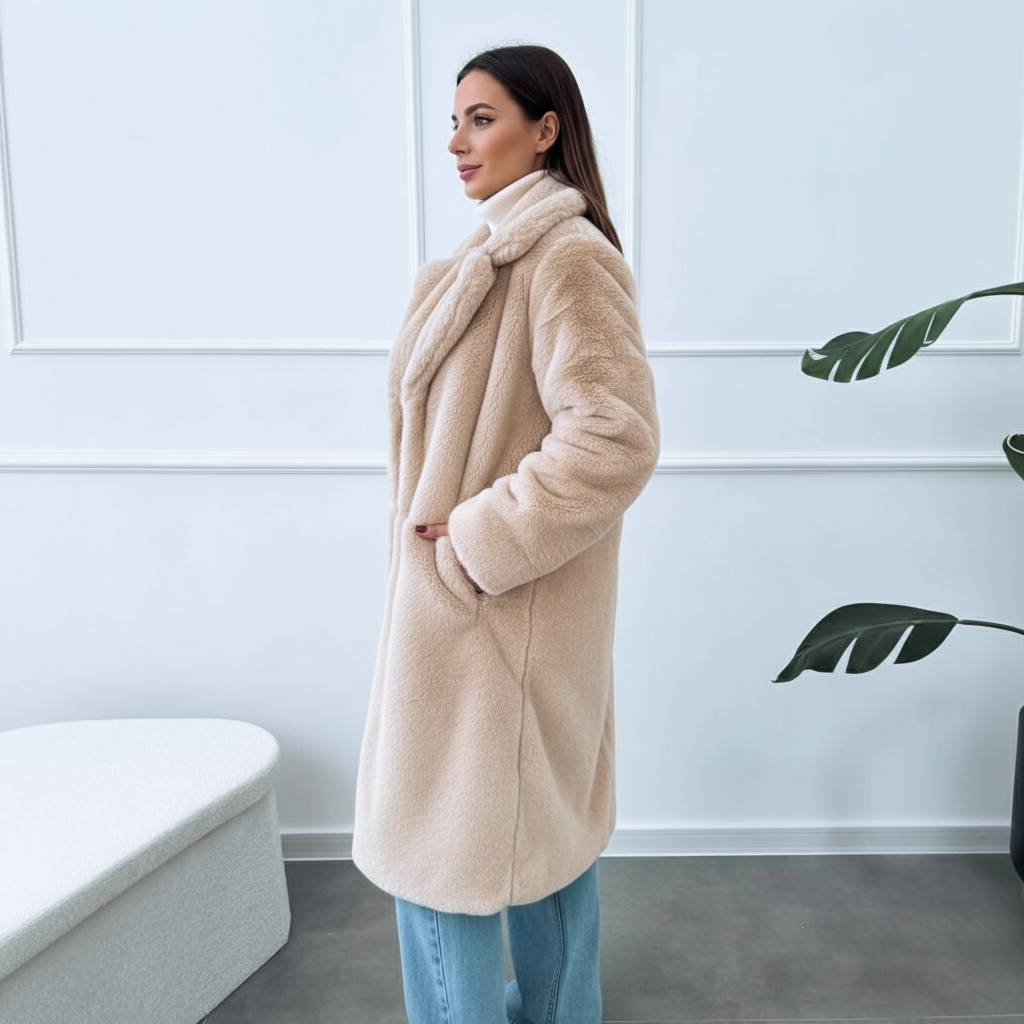 on-trend, luxe lange mantel met pluche - Vanista