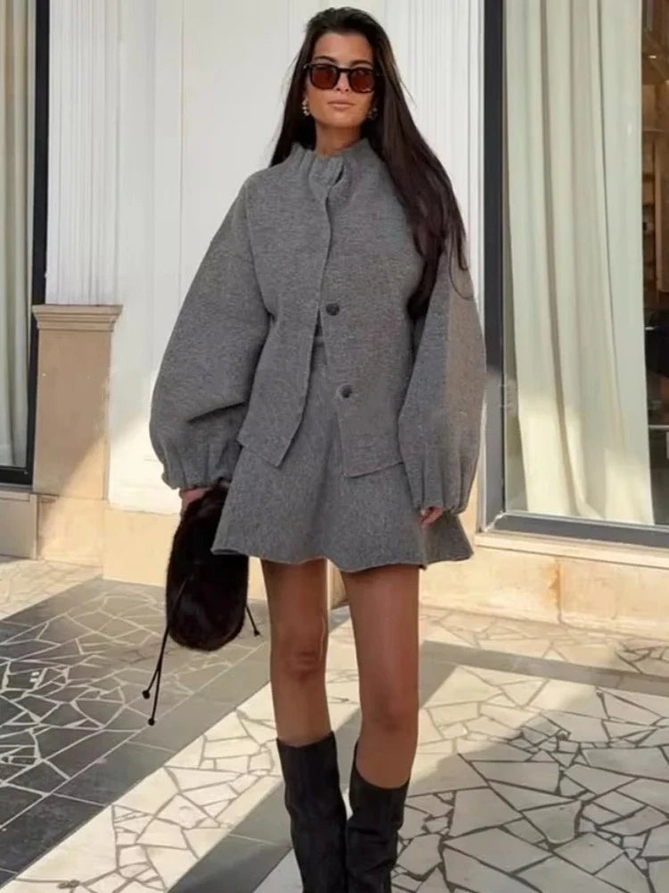 2-delige gebreide set met cardigan en minirok-Vanista