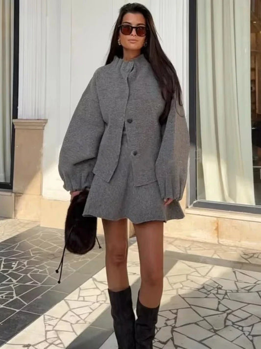 2-delige gebreide set met cardigan en minirok-Vanista