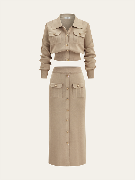 Beige knit set met cropped jacket en midi-rok met gouden knopen – luxe dameskleding Vanista