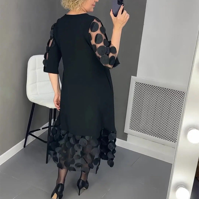 Elenora | Elegante zwarte midi- jurk  met stippen