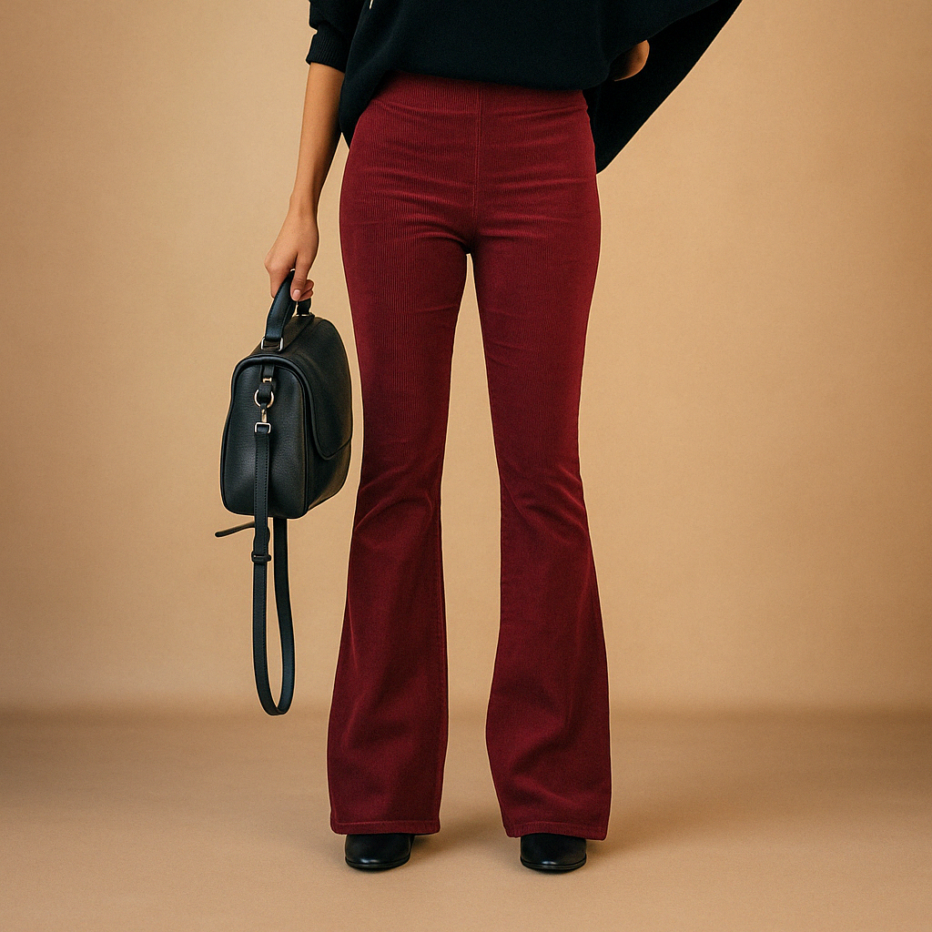 Flared corduroy broek in ribstof, verkrijgbaar in wijnrood, groen, khaki, donkerblauw, zwart en roze-Vanista