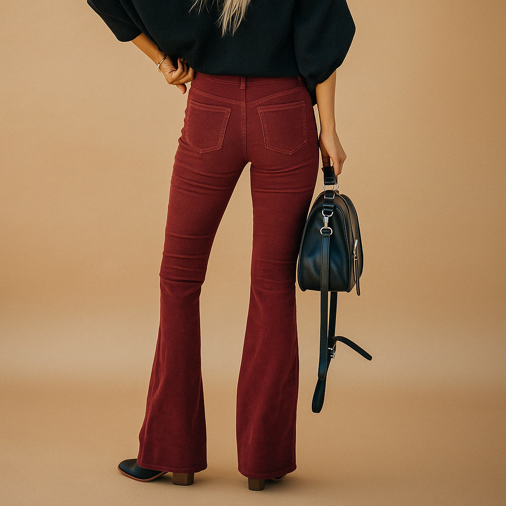 Flared corduroy broek Maartje voor dames in ribstof, verkrijgbaar in wijnrood, groen, khaki, donkerblauw, zwart en roze.