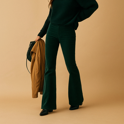 Flared corduroy broek Maartje voor dames in ribstof, verkrijgbaar in wijnrood, groen, khaki, donkerblauw, zwart en roze.