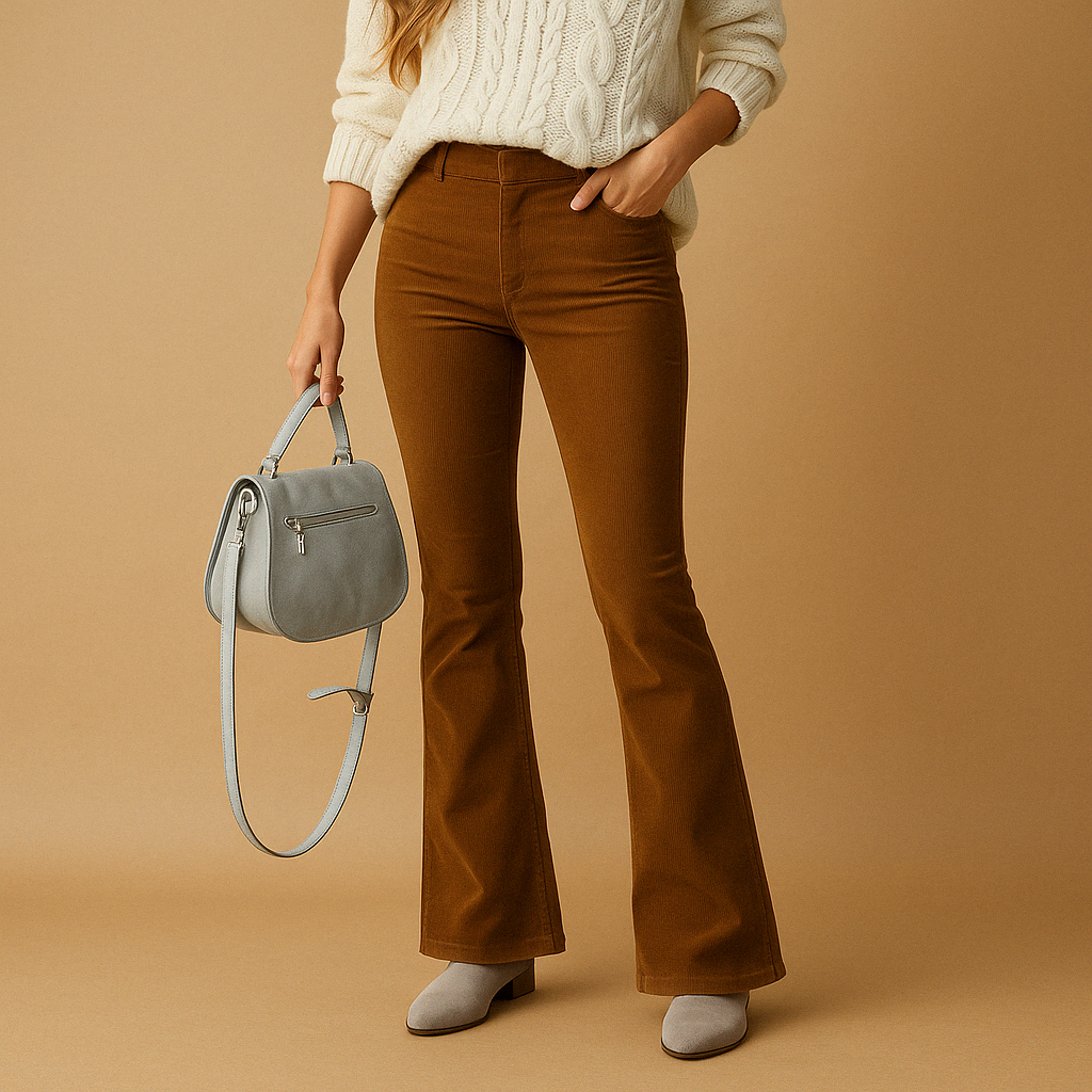 Flared corduroy broek Maartje voor dames in ribstof, verkrijgbaar in wijnrood, groen, khaki, donkerblauw, zwart en roze.