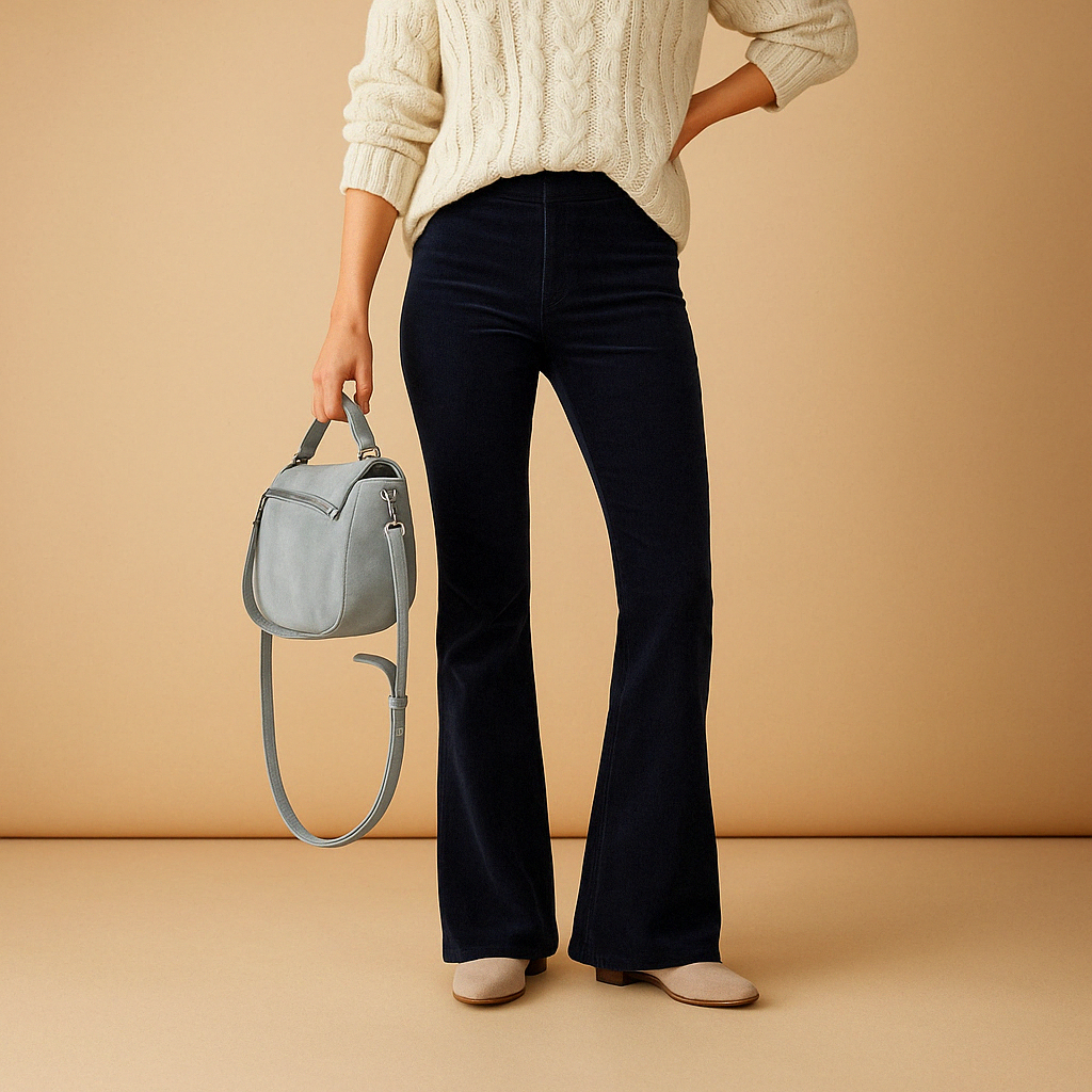 Flared corduroy broek Maartje voor dames in ribstof, verkrijgbaar in wijnrood, groen, khaki, donkerblauw, zwart en roze.