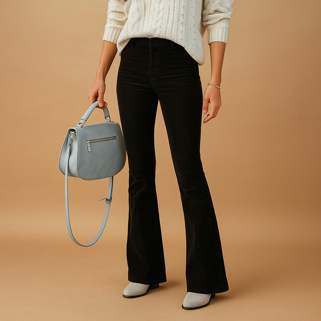 Flared corduroy broek Maartje voor dames in ribstof, verkrijgbaar in wijnrood, groen, khaki, donkerblauw, zwart en roze.