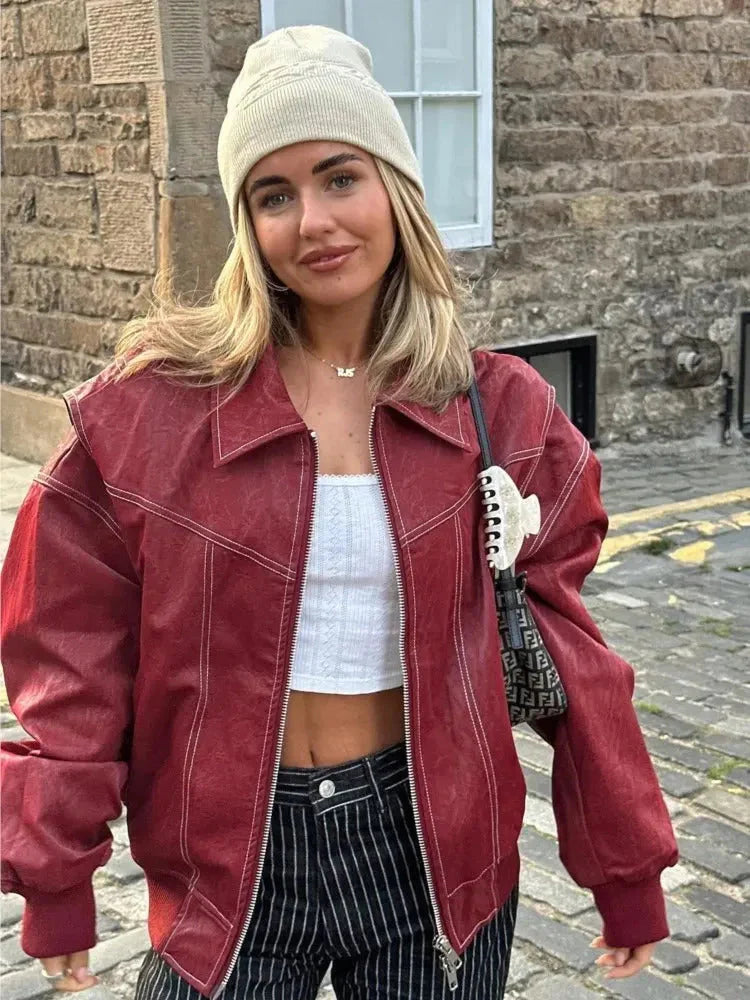 ANA - Oversized leren jas- Stoere look