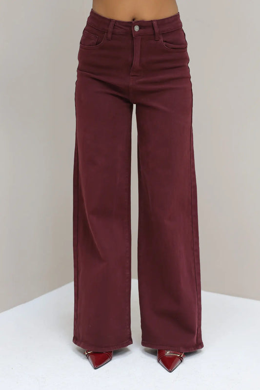 Jeans in bordeaux met hoge taille en brede pijpen- Vanista