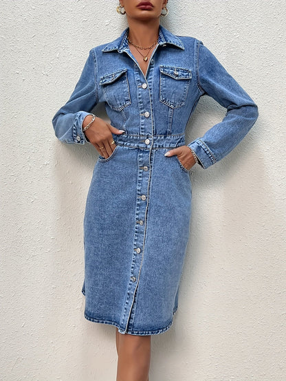 Lana | Stijlvol Jeans Midi-Jurk met Lange Mouwen en Knopen - Vanista