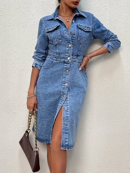 Lana | Stijlvol Jeans Midi-Jurk met Lange Mouwen en Knopen - Vanista