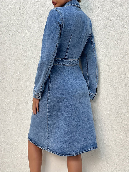 Lana | Stijlvol Jeans Midi-Jurk met Lange Mouwen en Knopen - Vanista