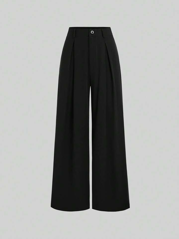 Zwarte dames wide-leg pantalon met hoge taille en plooien – Vanista