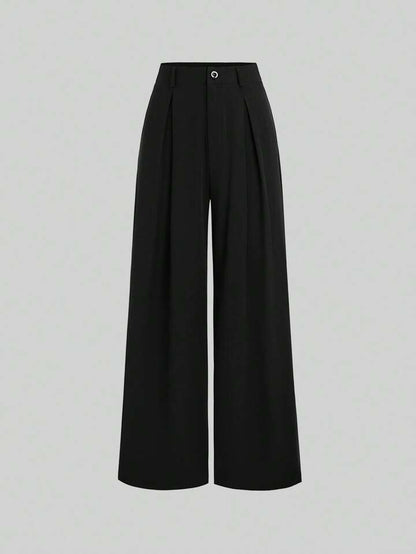 Zwarte dames wide-leg pantalon met hoge taille en plooien – Vanista