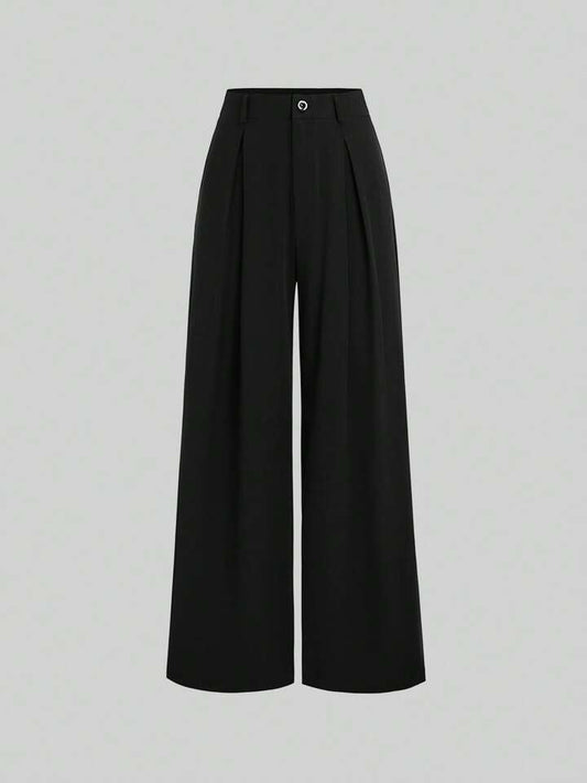 Zwarte dames wide-leg pantalon met hoge taille en plooien – Vanista