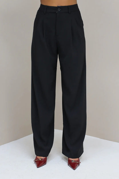 Zwarte pantalon met wijde pijpen en plooien-Vanista