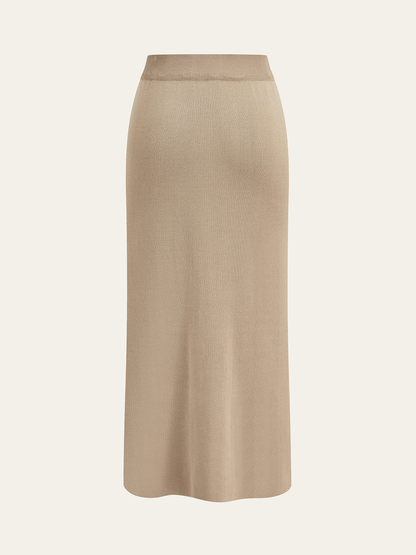 knit set met cropped jacket en midi-rok met gouden knopen – luxe dameskleding Vanista