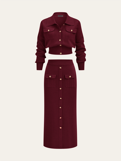 knit set met cropped jacket en midi-rok met gouden knopen – luxe dameskleding Vanista