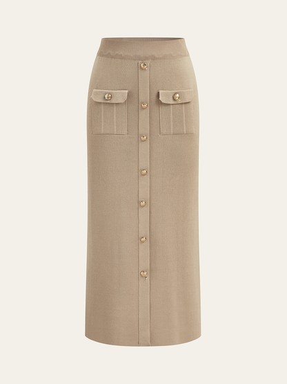 knit set met cropped jacket en midi-rok met gouden knopen – luxe dameskleding Vanista