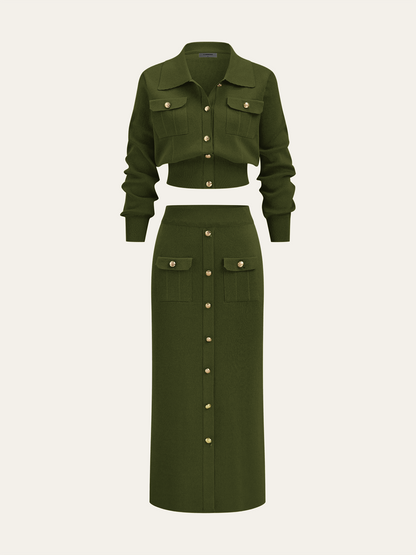 knit set met cropped jacket en midi-rok met gouden knopen – luxe dameskleding Vanista