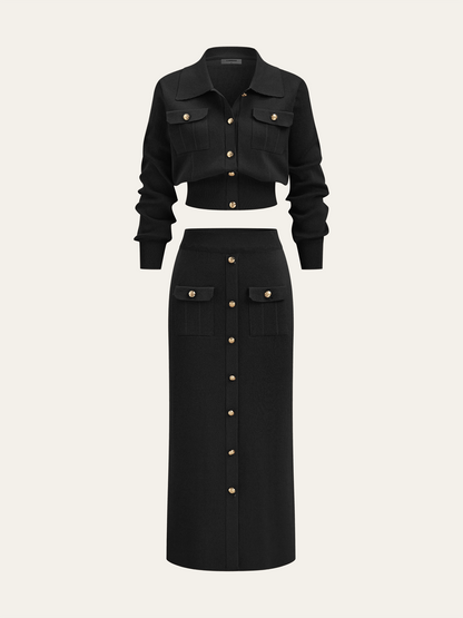knit set met cropped jacket en midi-rok met gouden knopen – luxe dameskleding Vanista