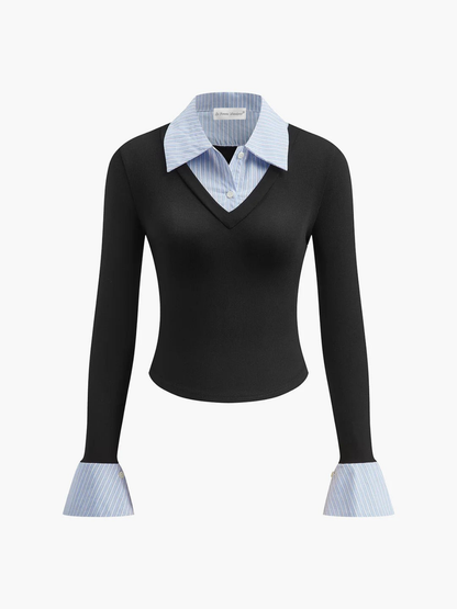Gebreide top met contrasterende overhemdkraag — chic | Vanista - Vanista